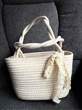 Cream Rope Tote Bag with Lace Accent